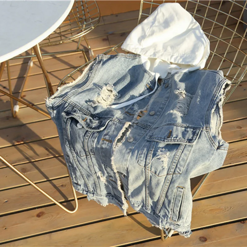 Spring Holes Hooded Denim Vest Women's Loose Jeans Vest For Women Summer Vintage Sleeveless BF women's vest
Spring Holes Hooded Denim Vest Women's Loose Jeans Vest For Women Summer Vintage Sleeveless BF women's vest