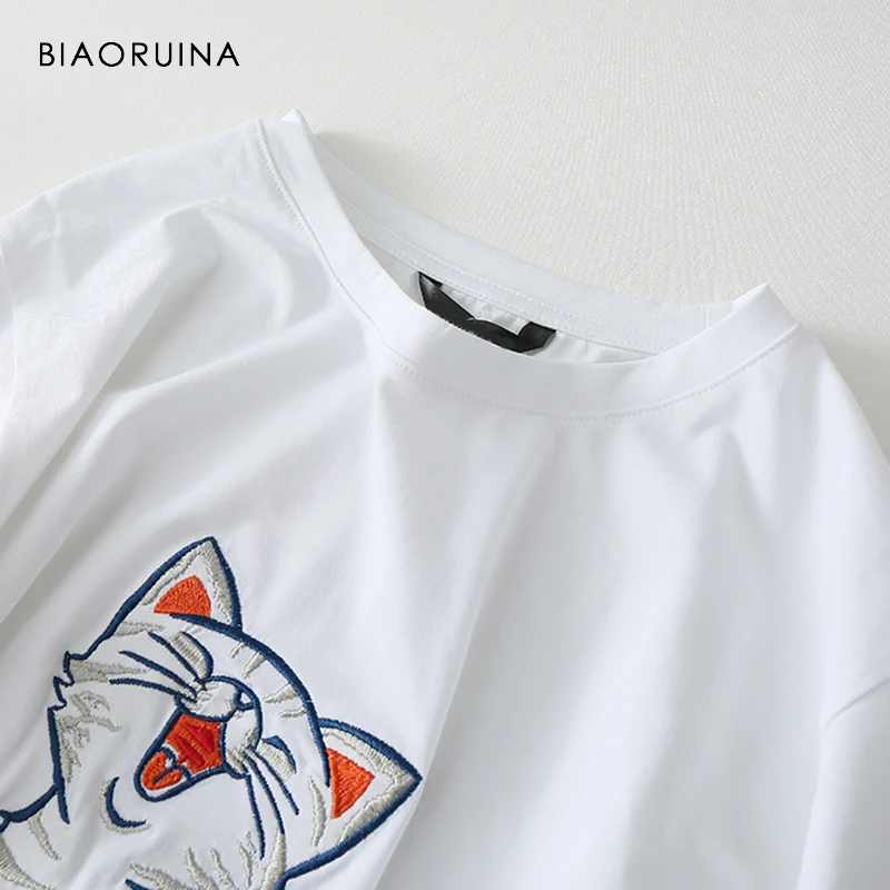 Женская футболка с вышитым котом BIAORUINA Повседневная белая хлопковая