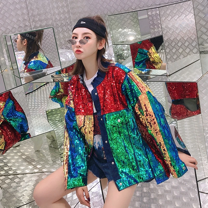 SexeMara/Модная Новинка разноцветная джинсовая куртка свободного кроя с блестками