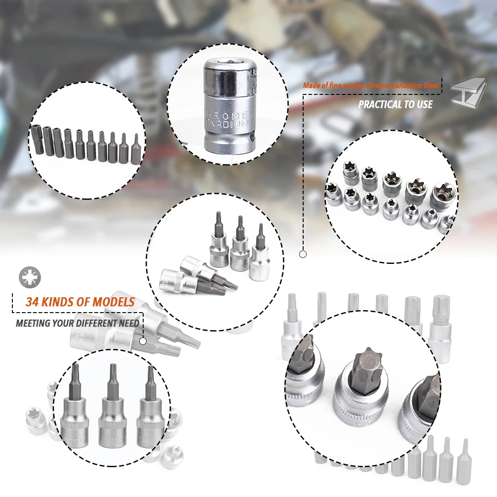 Professional 34PCS Pressure Batch Sleeve Group Sets SleeveHead Machine Motor Repairing Tool Socket Set Wrench Female Torx Male
Professional 34PCS Pressure Batch Sleeve Group Sets SleeveHead Machine Motor Repairing Tool Socket Set Wrench Female Torx Male