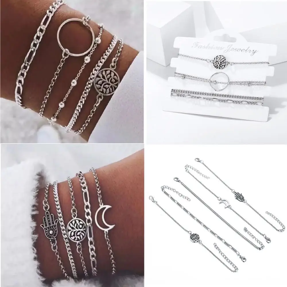 

pack of 5 creative bracelet bangle for women with alloy embossed crescent/leaf/palm design mixed link chains female bransoletka