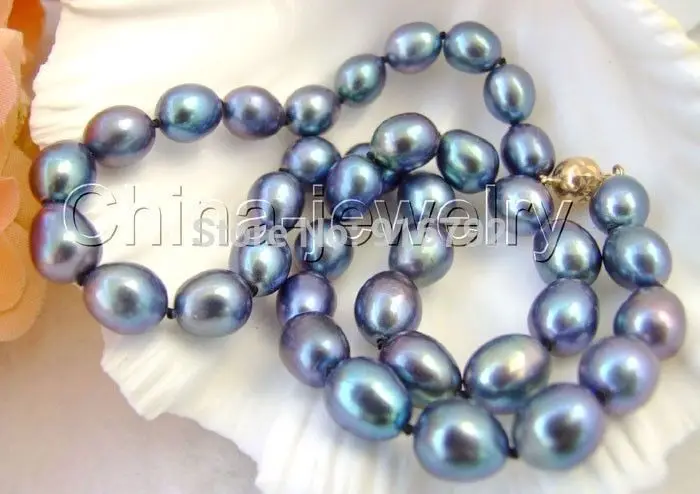 

Free Shipping WholesaleBeautiful AAA 17" 9-10mm peacock blue baroque freshwater pearl necklace