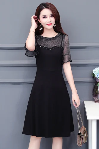 Summer Fake Two Pieces Dress Women Mesh Patchwork Flare Sleeve Black Plus Size Beading Women's Dresses Loose Woman Cloth
Summer Fake Two Pieces Dress Women Mesh Patchwork Flare Sleeve Black Plus Size Beading Women's Dresses Loose Woman Cloth