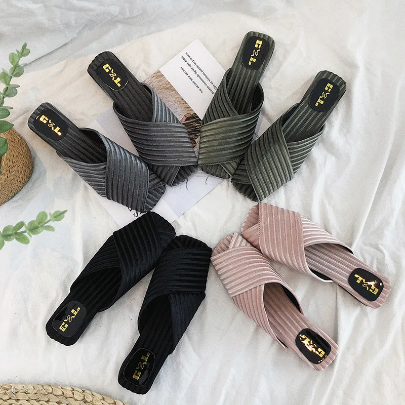 PADEGAO Summer Fashion Leisure Slippers for Women Outdoor Flock Striped Mature Slides Platform Solid Open Toe Casual Shoes | Обувь
