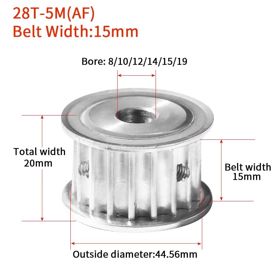 28Teeth HTD5M Synchronous Timing Pulley Bore8/10/12/14/15/19mmWidth=15mm28TAF Keyway Timing Pulley bore keyway diameter3/4/5/6mm
28Teeth HTD5M Synchronous Timing Pulley Bore8/10/12/14/15/19mmWidth=15mm28TAF Keyway Timing Pulley bore keyway diameter3/4/5/6mm