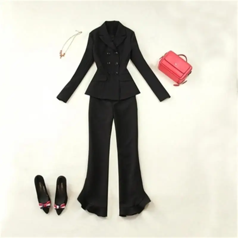 Fashion Suit set women's autumn/spring New Black Slim Double-breasted Small Suit Ruffled Flare Pants suit women
Fashion Suit set women's autumn/spring New Black Slim Double-breasted Small Suit Ruffled Flare Pants suit women