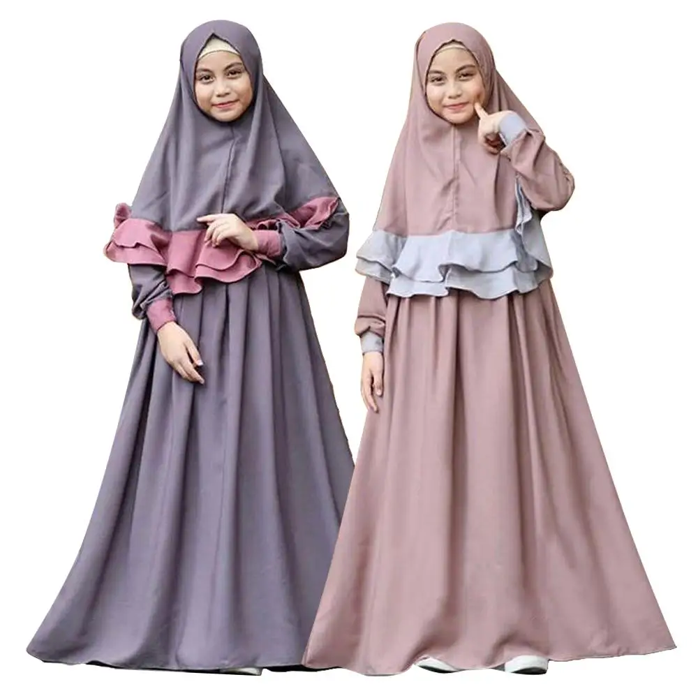 2PCS Traditional Flowers Kids Clothing Fashion Child Abaya Muslim Girl Dress Jilbab Islamic Children Hijab Dresses Sets | Тематическая