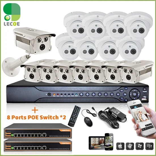 

Наружная система видеонаблюдения, 24 канала, POE, 24*1080P, 2 SATA, NVR, 16 уличных POE-камер 720P, 2 9-портового PoE-коммутатора + 2 ТБ HDD