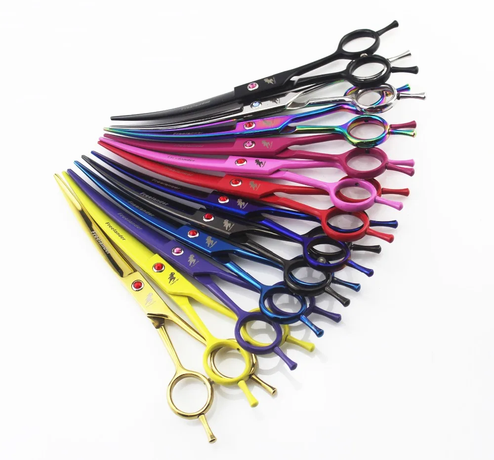 Freelander professional 7.0 inches Japan 440C dog hair grooming scissors curved blades 25 degrees.
Freelander professional 7.0 inches Japan 440C dog hair grooming scissors curved blades 25 degrees.