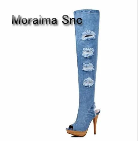 Moraima Snc women shoes peep toe high heels thigh high boots blue cut-out fringe Cowboy boots mixed colors platform shoes 2018
Moraima Snc women shoes peep toe high heels thigh high boots blue cut-out fringe Cowboy boots mixed colors platform shoes 2018