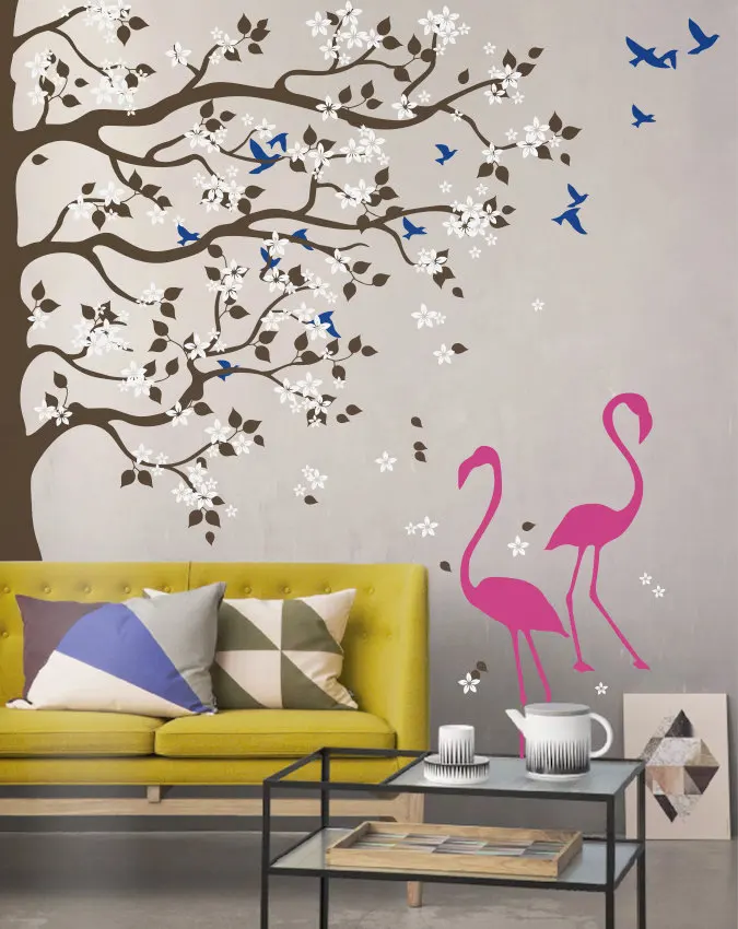 

240cm tall Large Green Tree With Flamingos Wall Sticker Home Decor Living Room Wall Art Pic vinilos paredes Mural Wallpaper D985