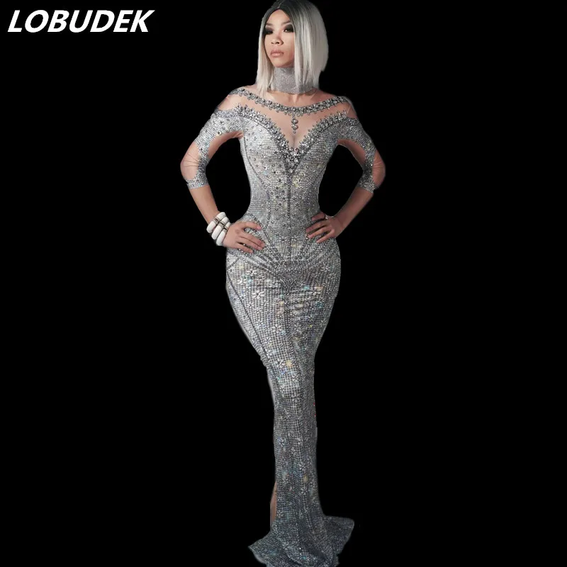 New Fashion Silver Rhinestones Printing Sheath Dress Female Singer Models Host Evening Party Mermaid Long Dress Stage Dress
New Fashion Silver Rhinestones Printing Sheath Dress Female Singer Models Host Evening Party Mermaid Long Dress Stage Dress