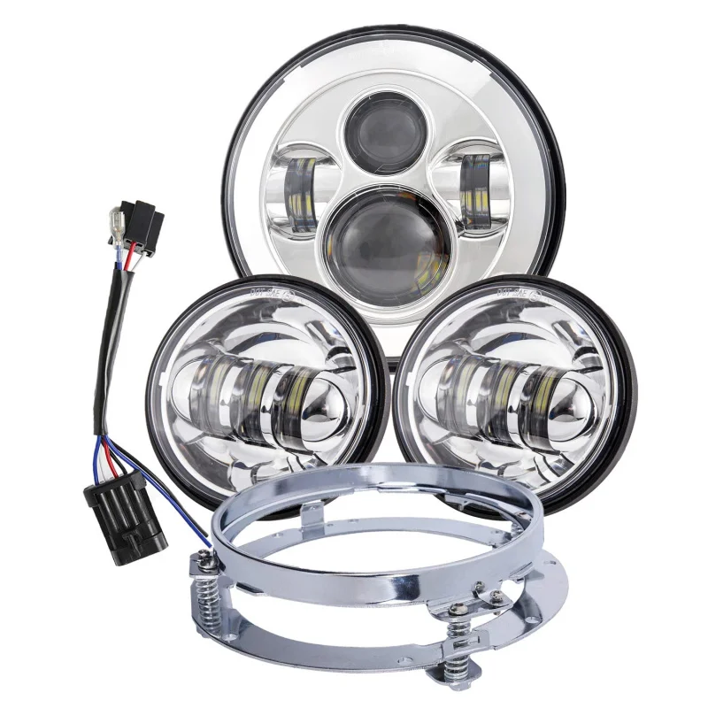 Motorcycle 7"LED Headlight Projector for Harley Bike with Chrome 4-1/2 LED Passing Lamps Fog Lights and Bracket Mounting Ring
Motorcycle 7"LED Headlight Projector for Harley Bike with Chrome 4-1/2 LED Passing Lamps Fog Lights and Bracket Mounting Ring