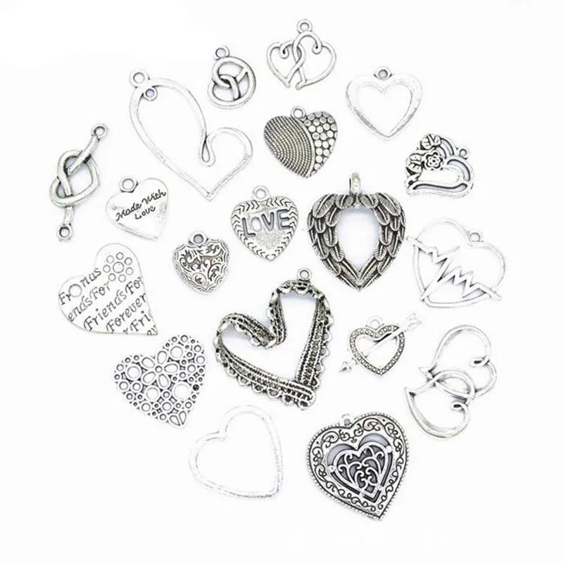38Pcs/lot Mixed 19 Styles Vintage Silver Zinc Alloy Heart Charms Pendant For Jewelry Finding
38Pcs/lot Mixed 19 Styles Vintage Silver Zinc Alloy Heart Charms Pendant For Jewelry Finding