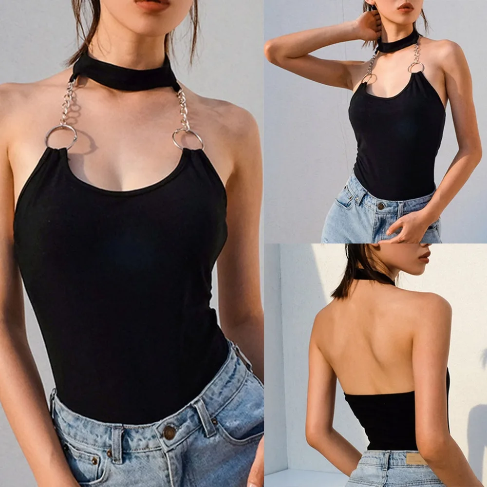 2019 new women's T-shirt hot sale sexy strapless solid ring hanging neck slim bodysuit halter casual sports top | Женская одежда