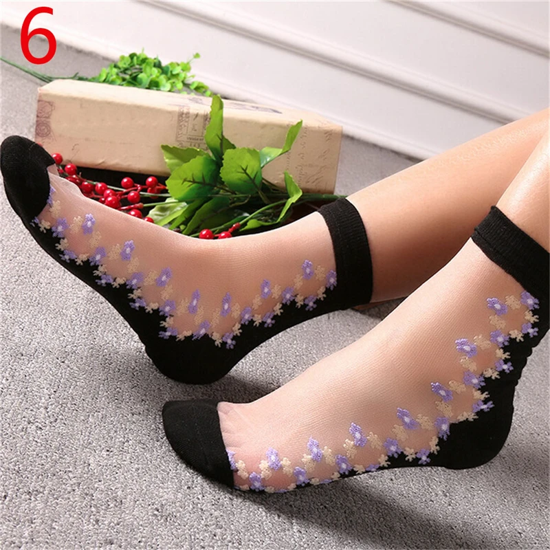1Pair Women Silk Cotton Elastic Mesh Knit Transparent Ankle Socksr Flower Lace Sock Soft Sheer | Женская