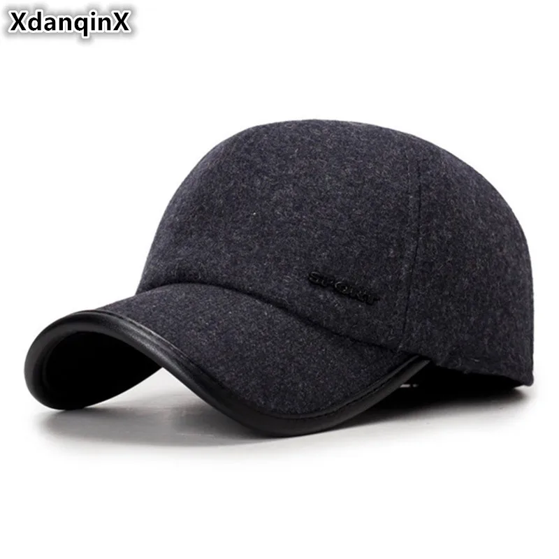 Фото XdanqinX Мужская зимняя теплая шапка Толстая шерстяная бейсболка с ушками