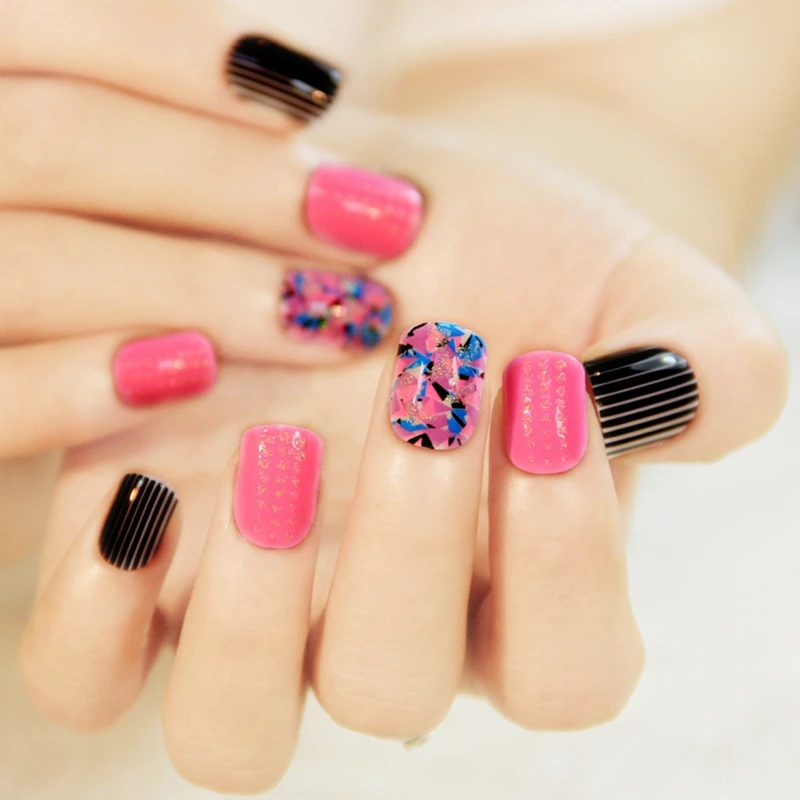 Popular Flat False Nails Black Stripe Pink Glitter Broken Glass Lady Artificial Nail Tips Full Wrap Nail Tips Z441
Popular Flat False Nails Black Stripe Pink Glitter Broken Glass Lady Artificial Nail Tips Full Wrap Nail Tips Z441
