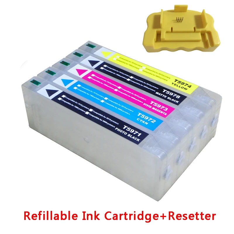 Refillable ink cartridge for Epson 9700 7700 7710 9710 large format printer with chips and resetters (5 color and 700ml)
Refillable ink cartridge for Epson 9700 7700 7710 9710 large format printer with chips and resetters (5 color and 700ml)