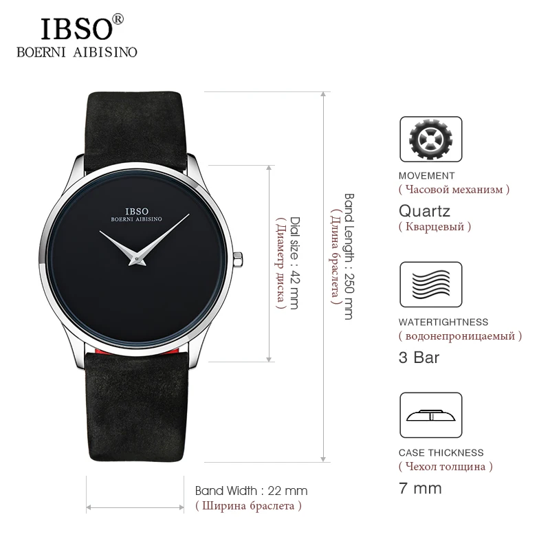 

IBSO 7MM Ultra Thin Dial Mens Black Watches Top Brand Luxury Male Quartz Watch 2019 Genuine Leather Strap Relogio Masculino