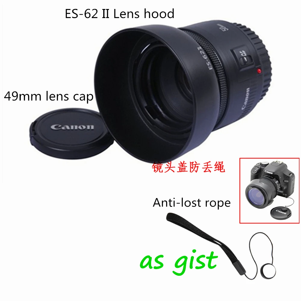 Bayonet Two stage ES-62II Small spittoon lens hood reversible lens cap anti-lost rope for canon EF prime lens 50mm f/1.8 II
Bayonet Two stage ES-62II Small spittoon lens hood reversible lens cap anti-lost rope for canon EF prime lens 50mm f/1.8 II