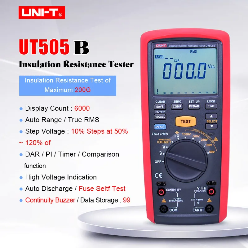 UNI-T UT505B Handheld Insulation Resistance Tester;True RMS Digital Multimeter DC AC volt Ohm meter;1KV Megohmmeter Data Storage
UNI-T UT505B Handheld Insulation Resistance Tester;True RMS Digital Multimeter DC AC volt Ohm meter;1KV Megohmmeter Data Storage