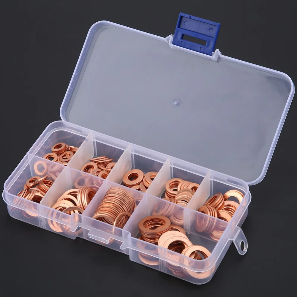 200pcs Copper Washer Gasket Nut Bolt Flat Ring Seal Assortment Kit M5 /M6/M8/M10/ M12/ M14 With Box For Hardware Accessories
200pcs Copper Washer Gasket Nut Bolt Flat Ring Seal Assortment Kit M5 /M6/M8/M10/ M12/ M14 With Box For Hardware Accessories