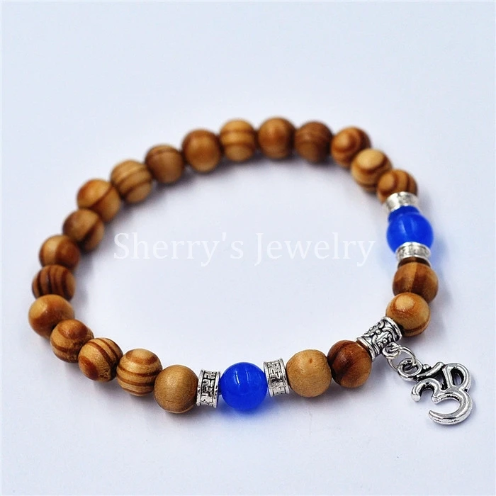 Wholesale 10pcs Handmade Wooden Bead Blue Glass Stone With Antique Silver 3D Charm Elastic Bracelet Jewelry |