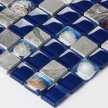 High Quality Navy Blue Grey Marble Stone Shell Resin Crystal Glass Mosaic Wall Tile for Kitchen Backsplash Bathroom Shower Floor
