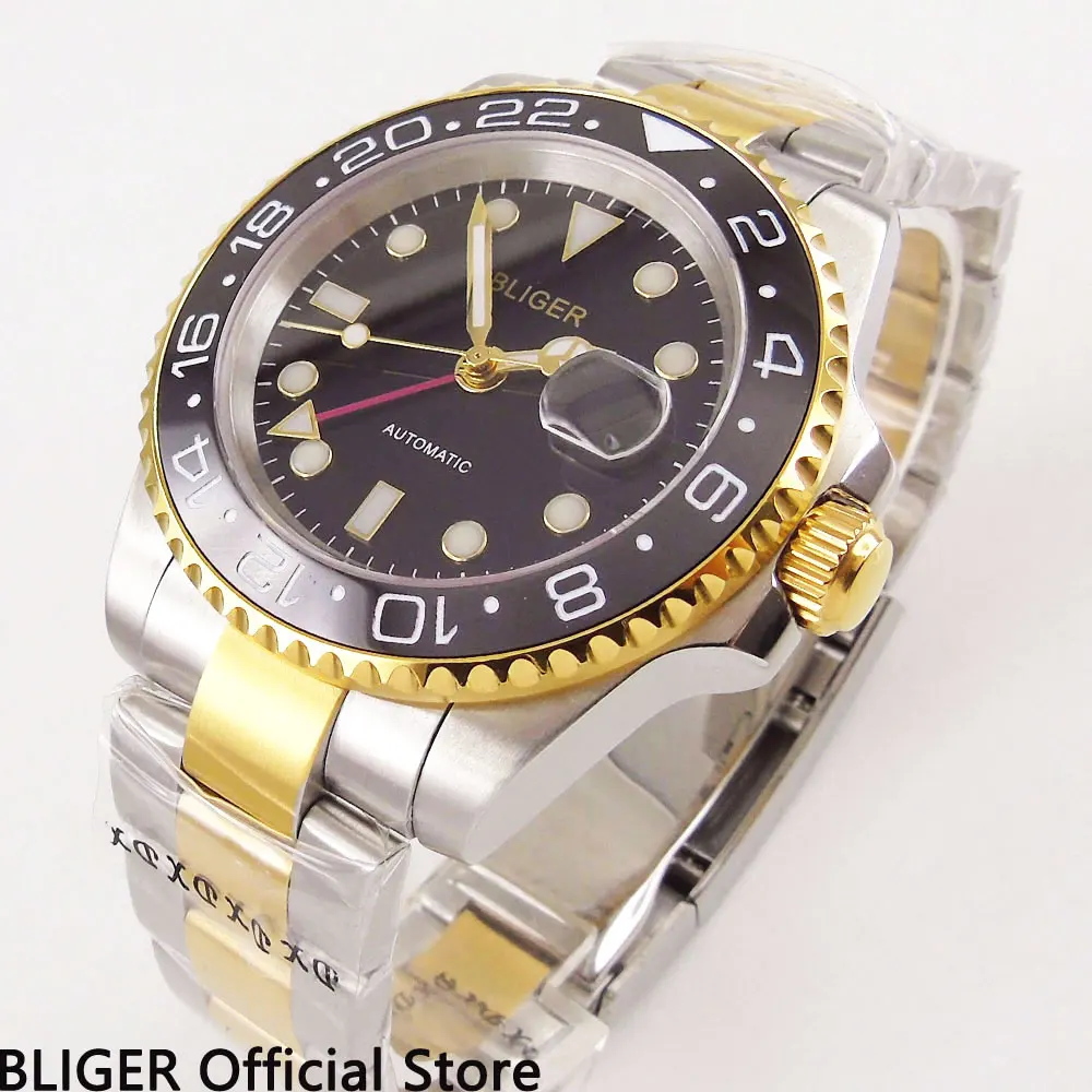 BLIGER 40MM Black Face Men's Watch Ceramic Bezel GMT Function Gold Plated Watchcase Sapphire Automatic Movement Wrist Watch
BLIGER 40MM Black Face Men's Watch Ceramic Bezel GMT Function Gold Plated Watchcase Sapphire Automatic Movement Wrist Watch