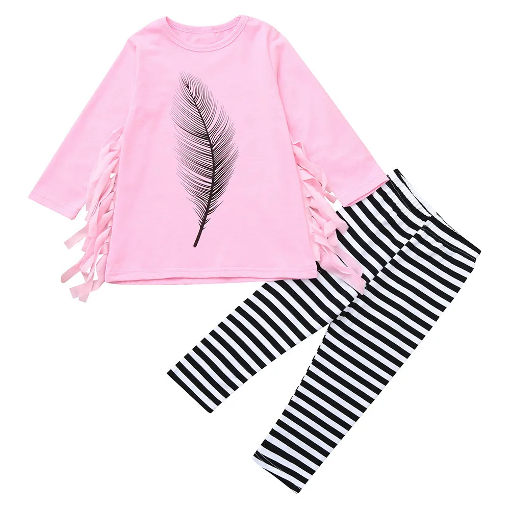Комплект одежды для маленьких девочек топ с длинными рукавами и принтом перьев