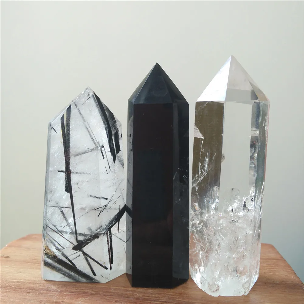 

Crystal Quartz Wand Natural Black Tourmaline Point Obsidian Reiki Healing Quartz Obelisk Meditation Standing Crystal Point