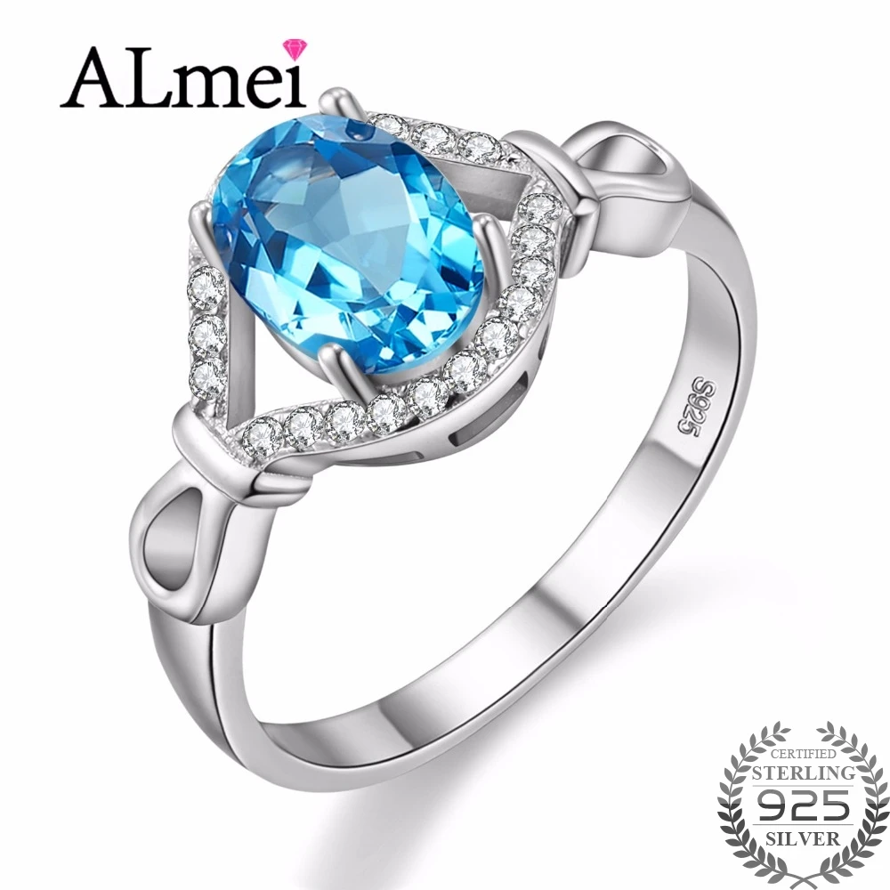

Женское кольцо с топазом Almei, овальное кольцо из чистого серебра 925 пробы с натуральным небесно-голубым топазом, модное свадебное ювелирное ...