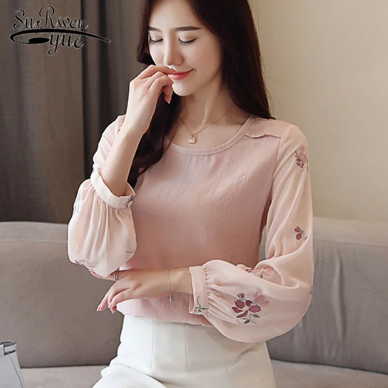 

Женская шифоновая блузка с принтом, офисная блузка с длинным рукавом-фонариком и круглым вырезом, розовый топ для весны 2019 50, 2545