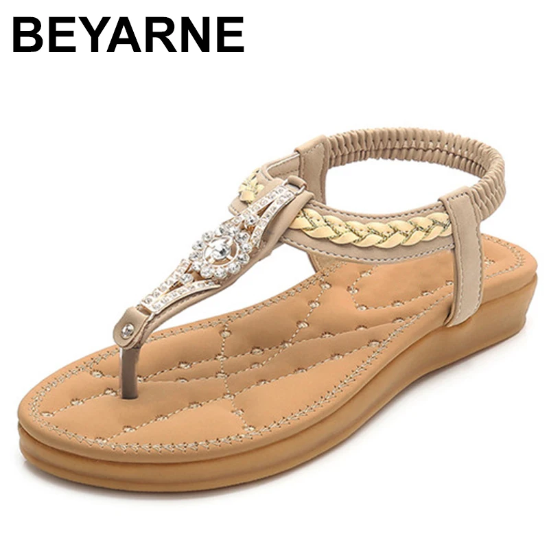 

BEYARNE Summer Women Casual Flats Beach Sandals Shoes Woman Bohemia Crystal Flip Flop Ethnic Retro Gladiator Sandals