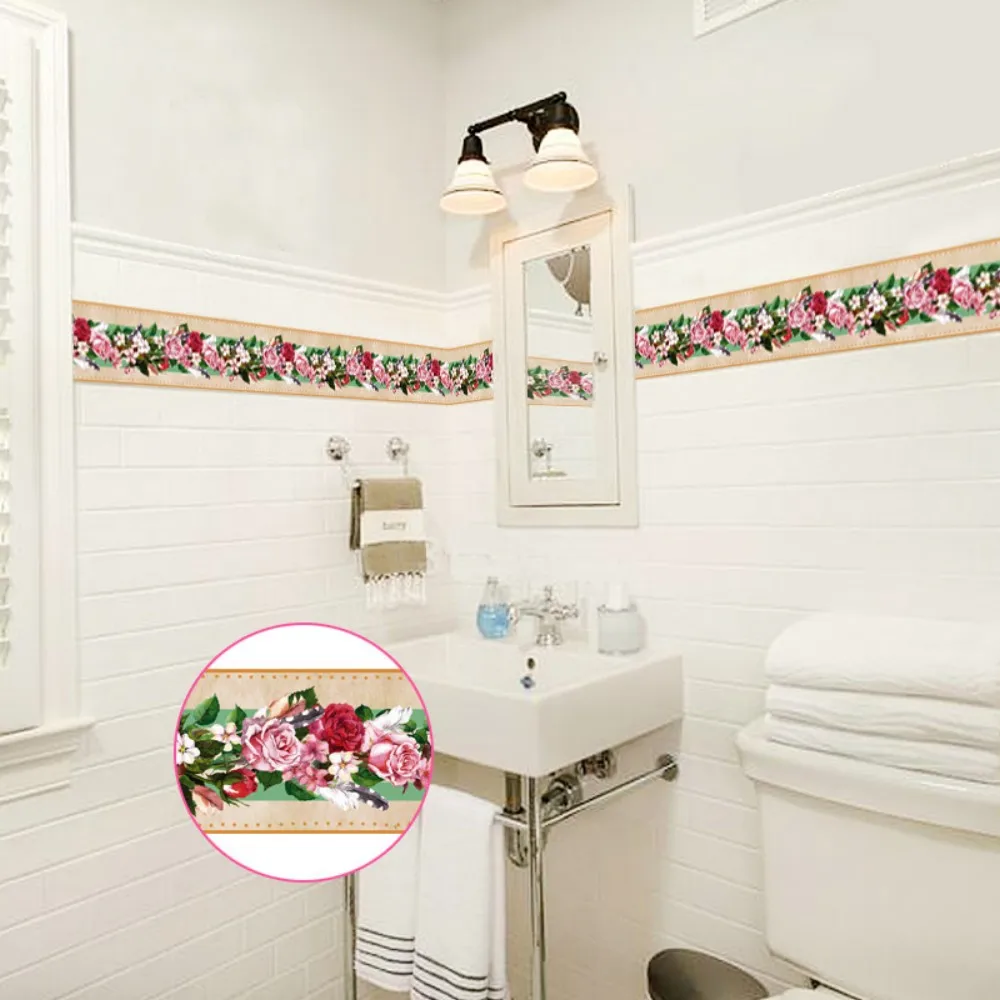 

Creative Self Adhesive Wallpaper Baseboard LivingRoom Bathroom Retro Rose Flower Cluster Floral Pattern Waistline Wall Stickers