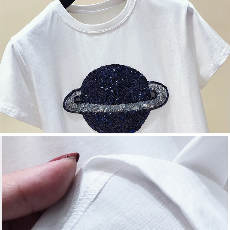Sequin Embroidery Planet Ladies 2019 Spring Summer Cotton T Shirts Femme Short sleeve White Tee Tops Women O-Neck Loose tshirt
Sequin Embroidery Planet Ladies 2019 Spring Summer Cotton T Shirts Femme Short sleeve White Tee Tops Women O-Neck Loose tshirt