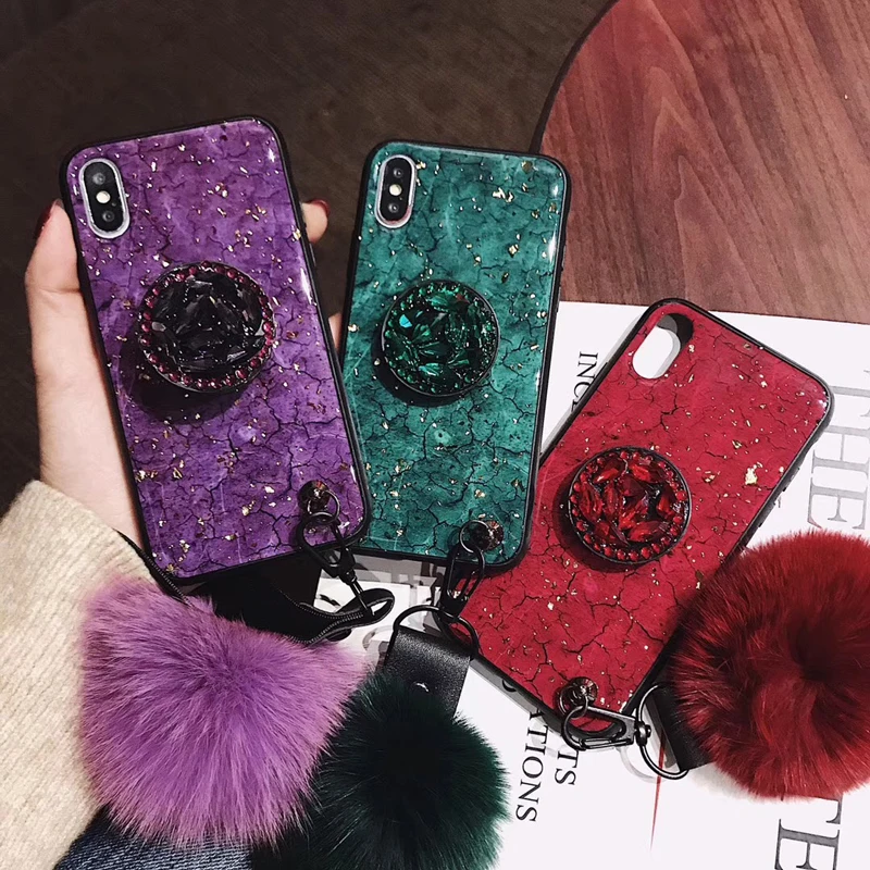 Блестящий чехол для телефона из золотой фольги iPhone 6s 7 8plus X с меховым шариком и