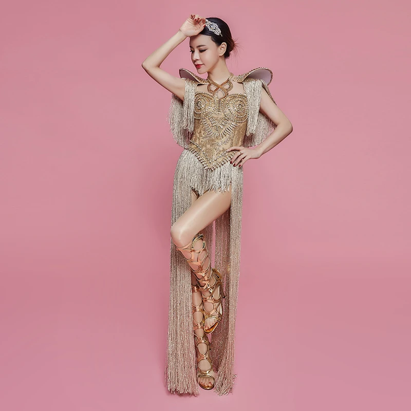 Sparkly Crystal Long Tassel Bodysuit Gold Rivet Jumpsuit Sexy Female Stage Costume Party Luxurious Outfit Singer Catwalk costume
Sparkly Crystal Long Tassel Bodysuit Gold Rivet Jumpsuit Sexy Female Stage Costume Party Luxurious Outfit Singer Catwalk costume