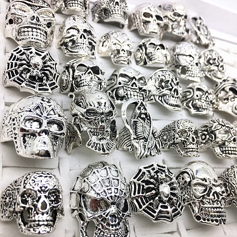 

MIXMAX 30pcs Skull Rings Men Punk Rock Silver Color Metal Women Bikers Skeleton Vintage Jewelry Gifts Patry Wholesale Lots Bulk