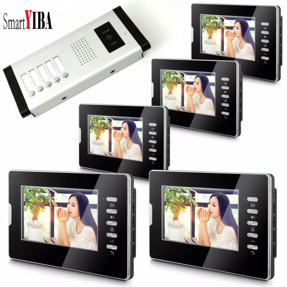SmartYIBA 7'' color video door phone 5 monitors with 1 intercom doorbell can control 5 houses for multi apartment Free shipping
SmartYIBA 7'' color video door phone 5 monitors with 1 intercom doorbell can control 5 houses for multi apartment Free shipping