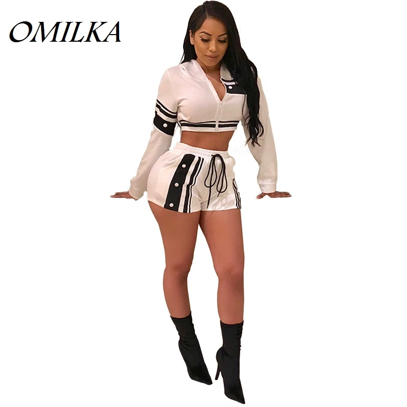 OMILKA 2018 Summer Women Long Sleeve Zipper Hooded Crop Top and Shorts Set Casual Striped Print Club Party 2 Piece Clothing Set
OMILKA 2018 Summer Women Long Sleeve Zipper Hooded Crop Top and Shorts Set Casual Striped Print Club Party 2 Piece Clothing Set