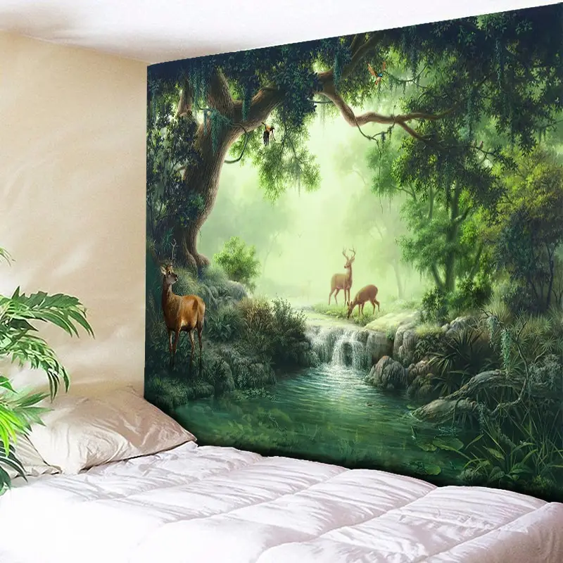 

Creek Elk Strolling Forest Tapestry Large Wall Hanging Hippie Tapestry Trees Boho Tapisserie Wall Carpet Chic Scenery Home Decor