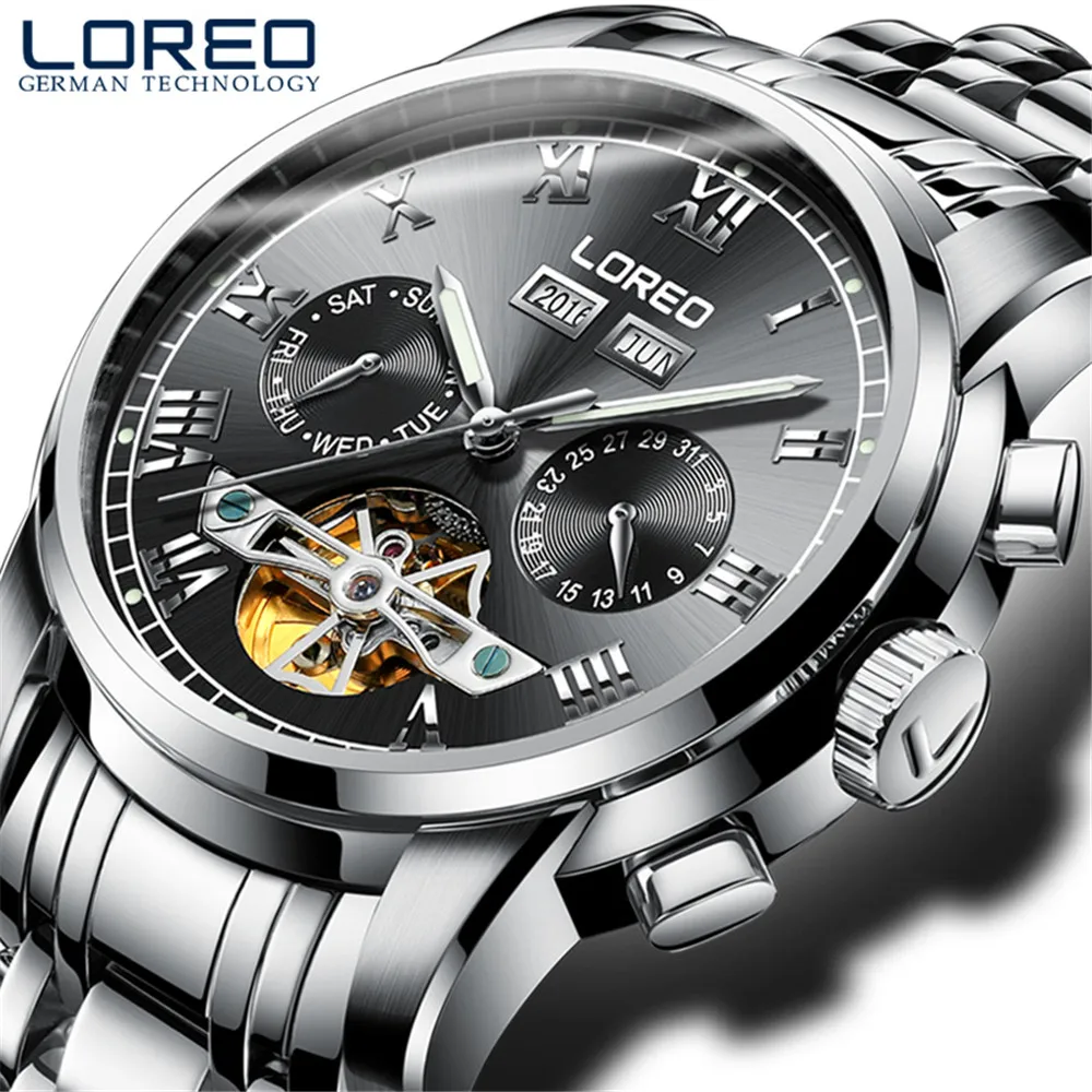 

Mens Automatic Mechanical Fashion Top Brand Sports Watches Tourbillon Year month calendar week Stainless Steel Watch Relogio