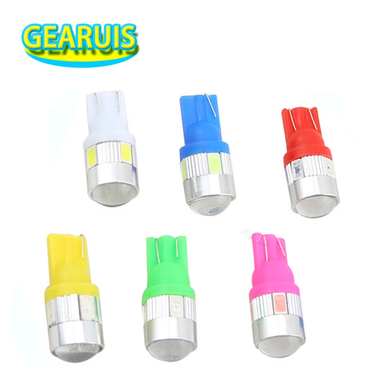 

50pcs High power T10 6SMD 5630 lens LED With lens 6 SMD W5W 194 168 501 Wedge Side Bulb white ice blue red yellow DC12V