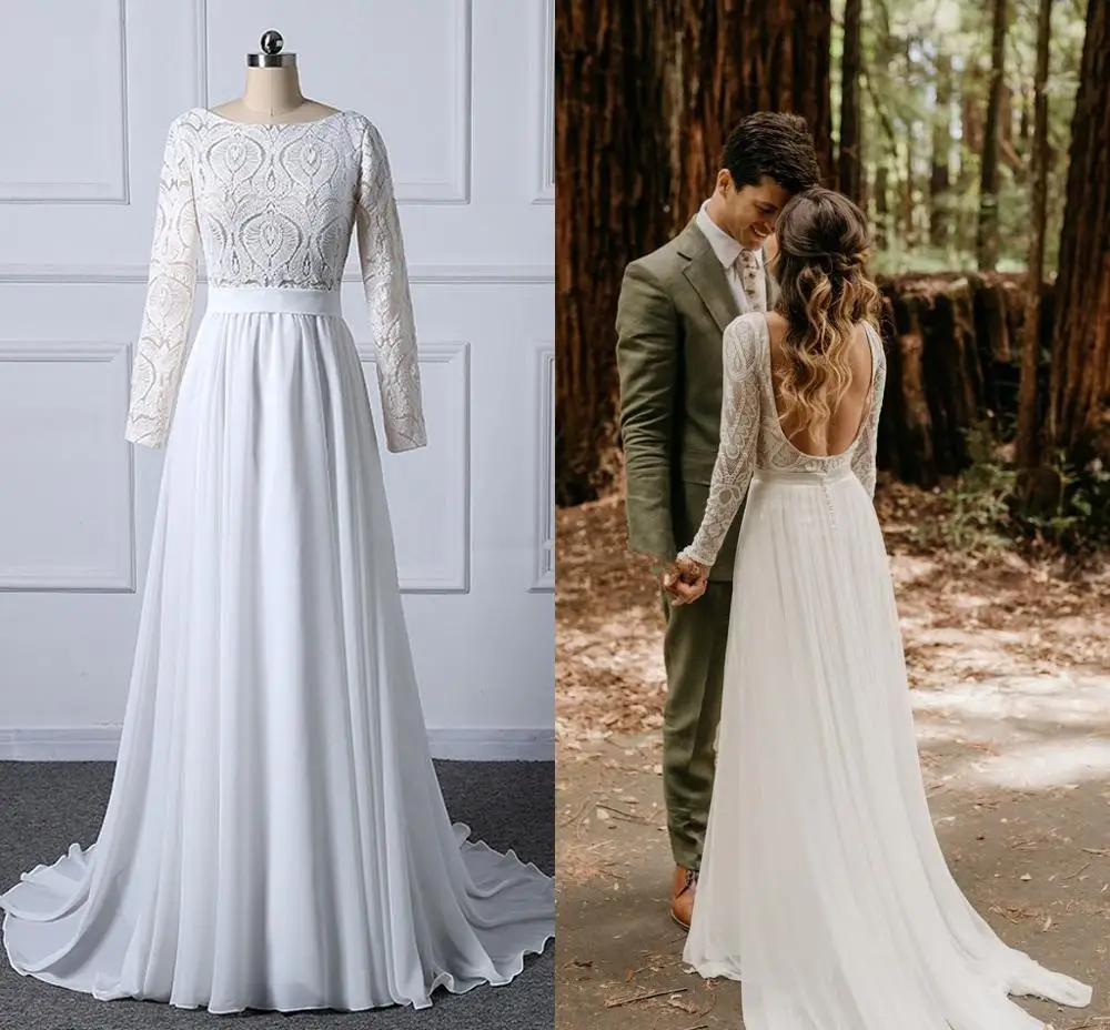 Boho Sexy Backless Lace Wedding Dresses 2021 robe de mariee Long Sleeve Wedding Gowns Custom Made A Line Chiffon Bride Dress
Boho Sexy Backless Lace Wedding Dresses 2021 robe de mariee Long Sleeve Wedding Gowns Custom Made A Line Chiffon Bride Dress