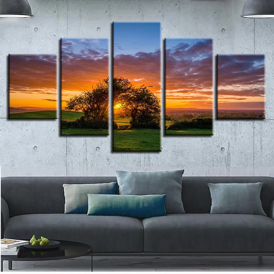 

Modern Home Wall Art Decor Frame 5 Pieces Trees Sunset Landscape Paintings HD Printed Modular Poster On Canvas Pictures Artworks