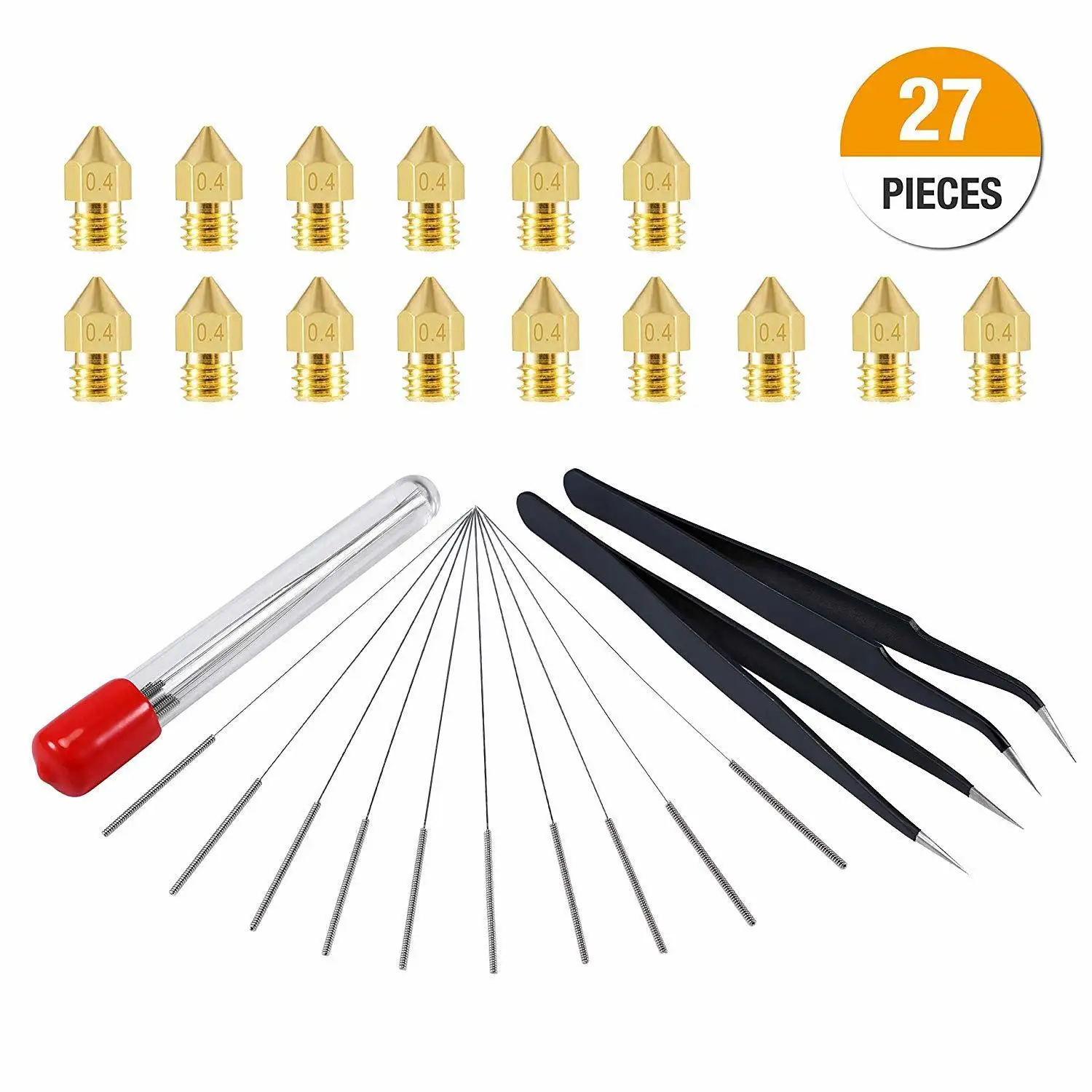 27pcs kit 15pcs 0.4mm Mk8 nozzle + 10 Pcs 0.4 mm clean Needle + 2 Tweezers Tool Suite for 3D Printer MK8 Makerbot
27pcs kit 15pcs 0.4mm Mk8 nozzle + 10 Pcs 0.4 mm clean Needle + 2 Tweezers Tool Suite for 3D Printer MK8 Makerbot
