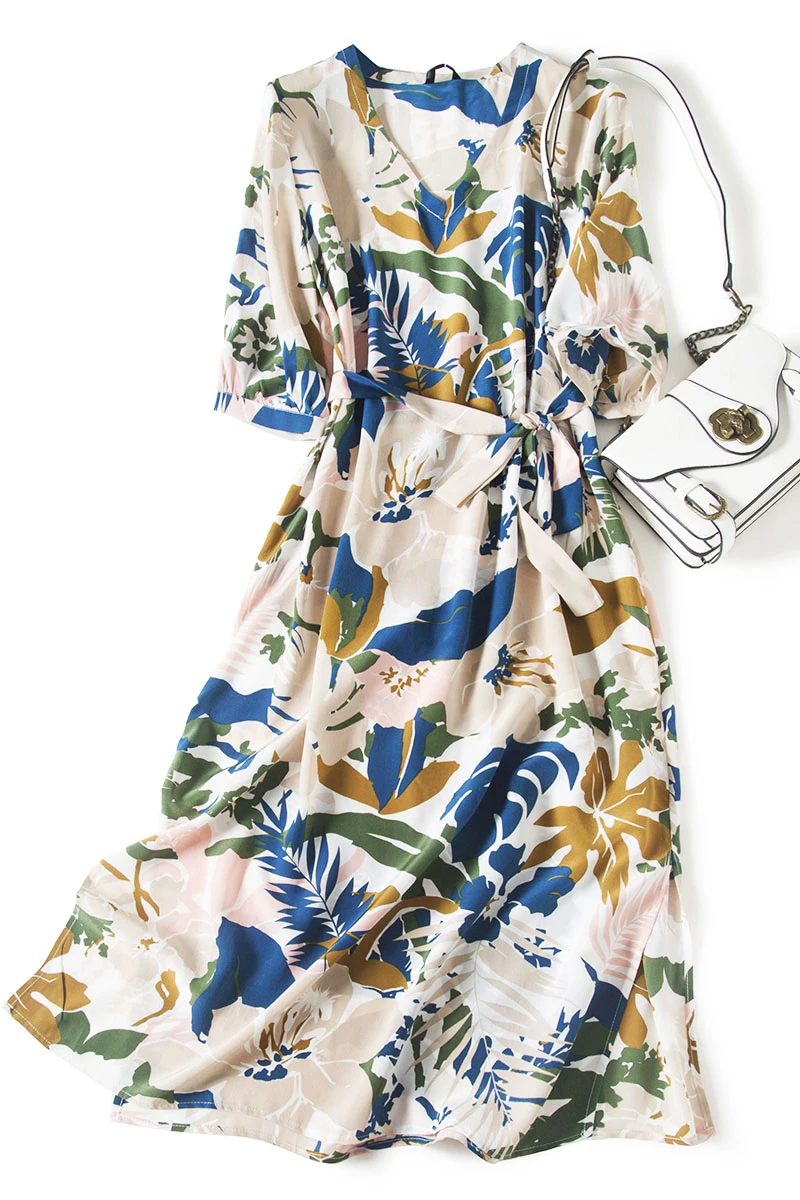 Shuchan Natural Silk Long Dress Chic Print Short Sleeve Sashes Mid-calf V-neck Vestido summer dress for women A0977
Shuchan Natural Silk Long Dress Chic Print Short Sleeve Sashes Mid-calf V-neck Vestido summer dress for women A0977