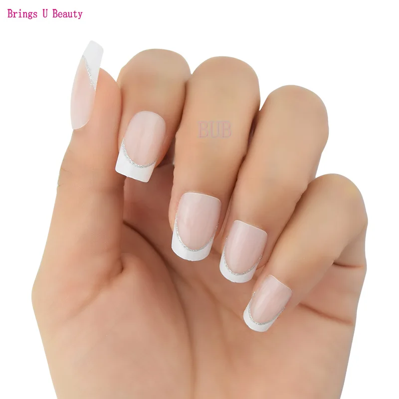 24 pcs/pack Glitter Sliver Stripe French Pink and White Smile Line Design Fake Nails with Glue Full Cover Medium Length Nail Art
24 pcs/pack Glitter Sliver Stripe French Pink and White Smile Line Design Fake Nails with Glue Full Cover Medium Length Nail Art